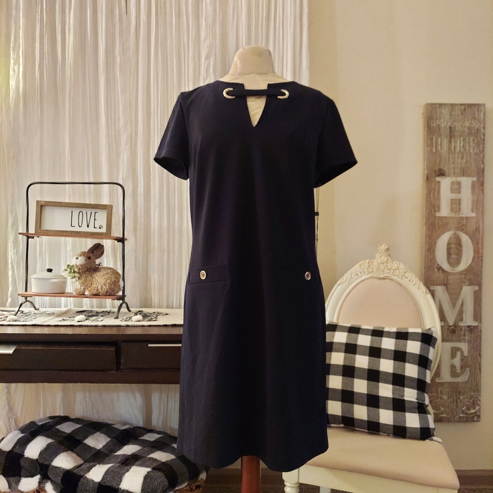 Tommy Hilfiger Navy Short Sleeve Shift Dress with Gold Accents